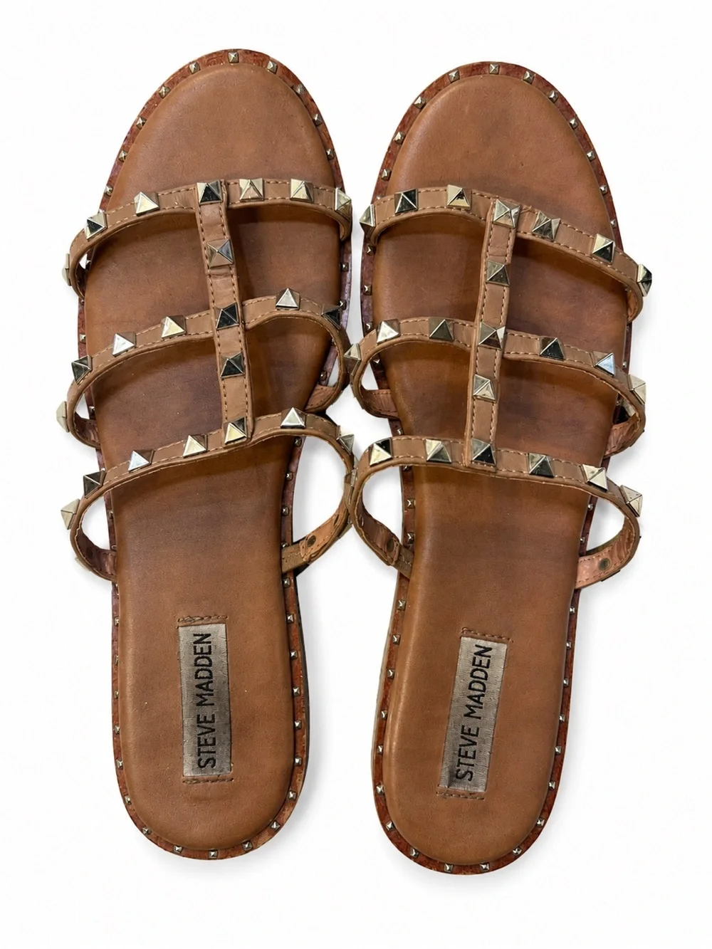Steve Madden Brown Pyramid Stud Strappy Slide Sandals